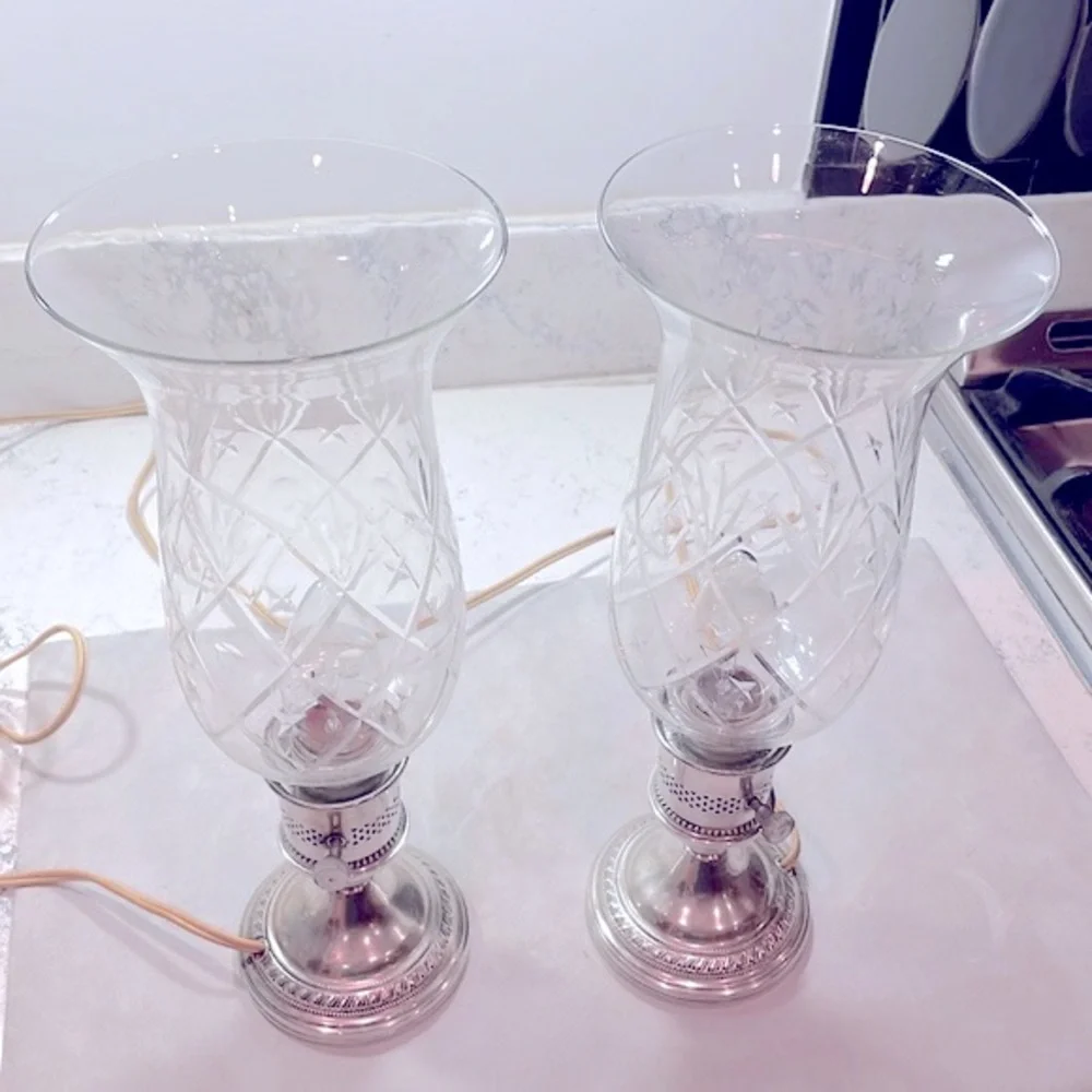 Sterling Silver Etched Electric Hurricane Lamps Candlesticks Matching Pair of 2